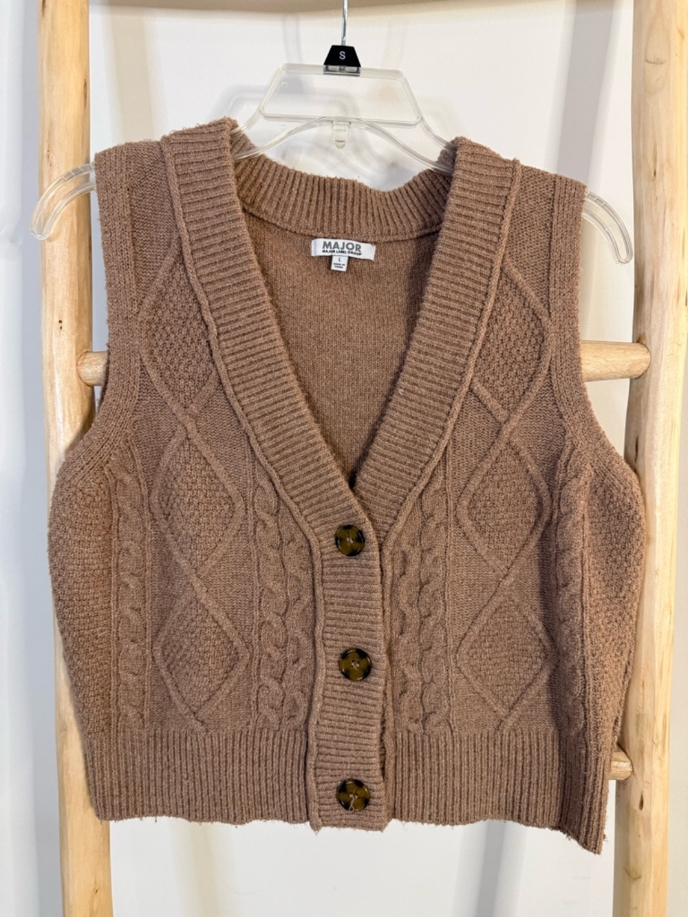 Brown Cable-Knit Button Vest